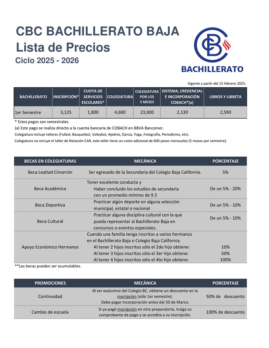 Lista de precios Bachillerato
