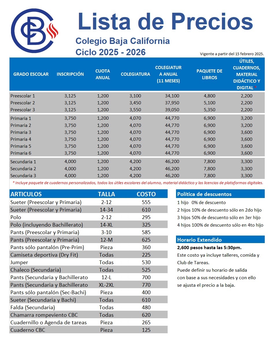 Lista de precios CBC (Preescolar, Primaria, Secundaria)